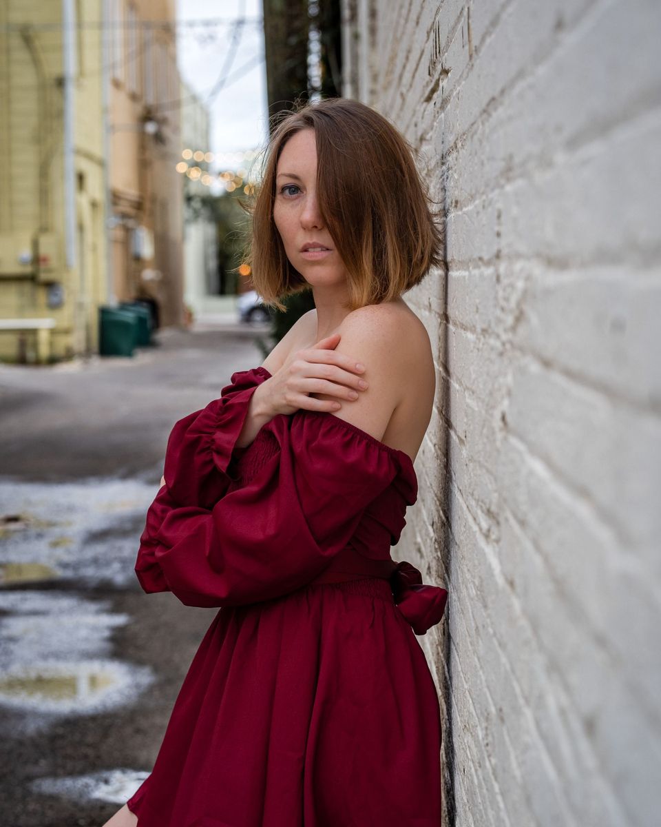 Style photo: a maroon dress similar in mood to the Azazie Atelier Avenelle Sweetheart Midi